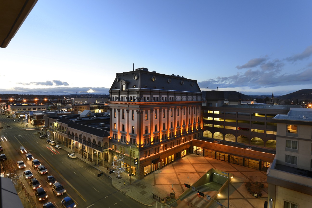 Drone shot of a downtown Yakima, Washington building at dusk.