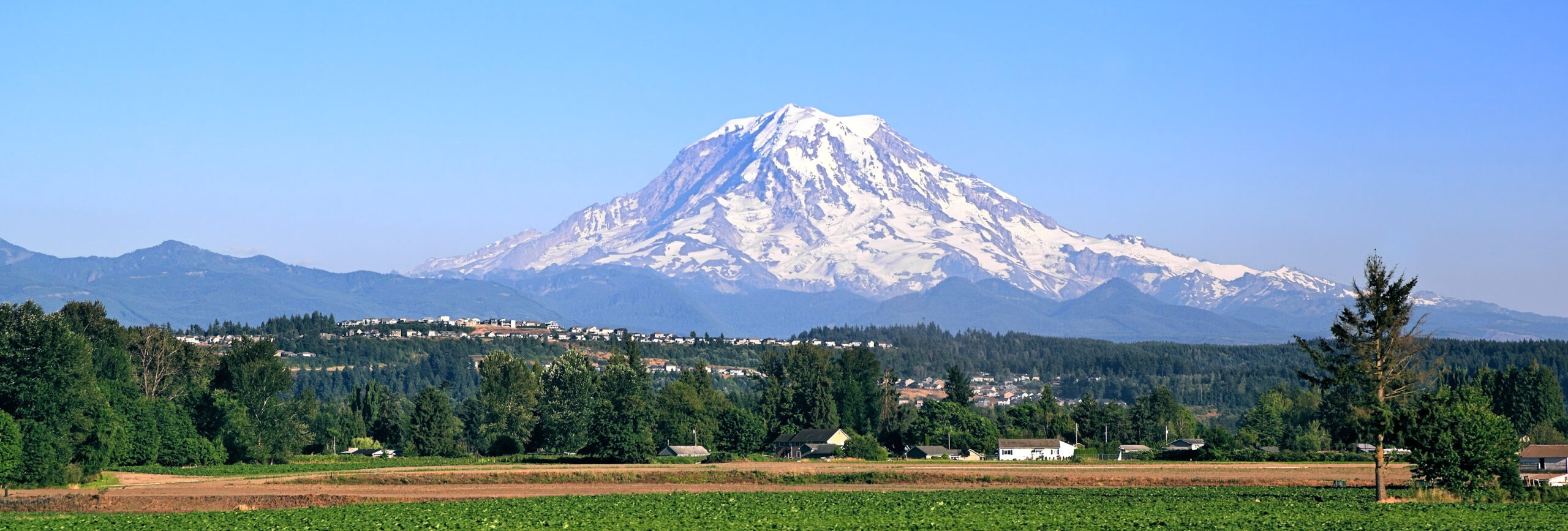 A landscape photo with Mt. Rainier looming prominently in the background.